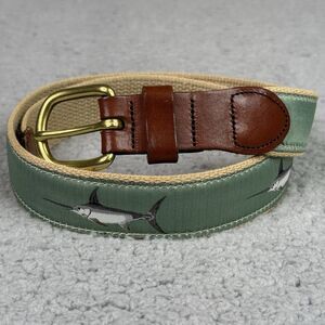 Leather Man LTD Ribbon Belt Mens 34 Green Seahorse Canvas Leather Preppy Golf